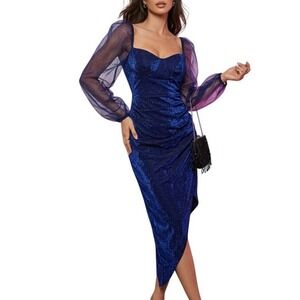 Shein Belle‎ Womens Blue Glitter Dress Asymmetric Hem Sheer Sleeve XS